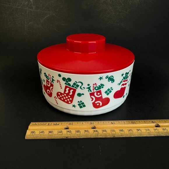 Vtg Round Tupperware Christmas Holiday Stocking Design Hard Plastic w Lid Red - Picture 1 of 9